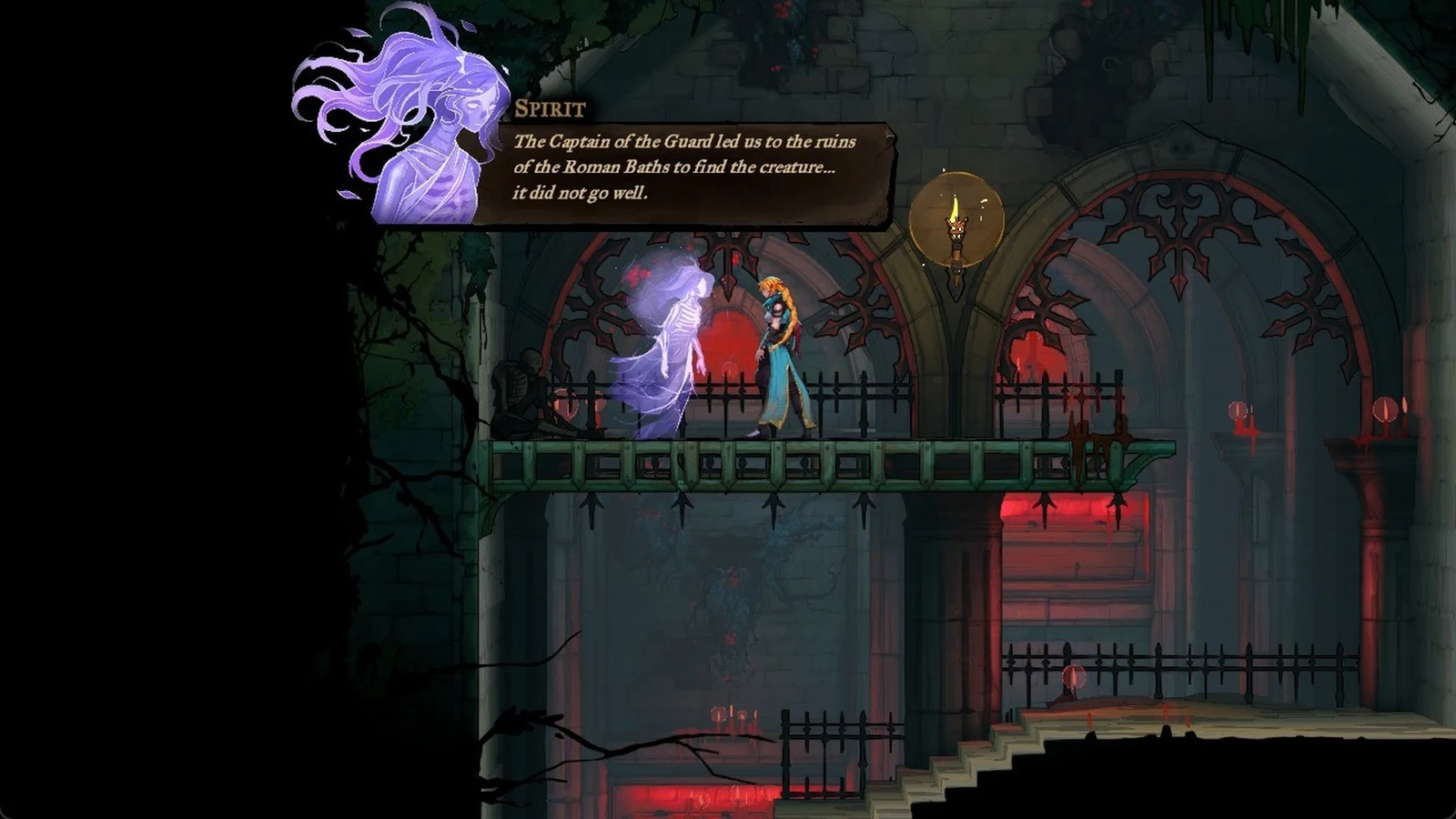 Purple ghostly Spirit speaking to a blonde heroine on a green balcony in a gothic hall, with dialogue text above.