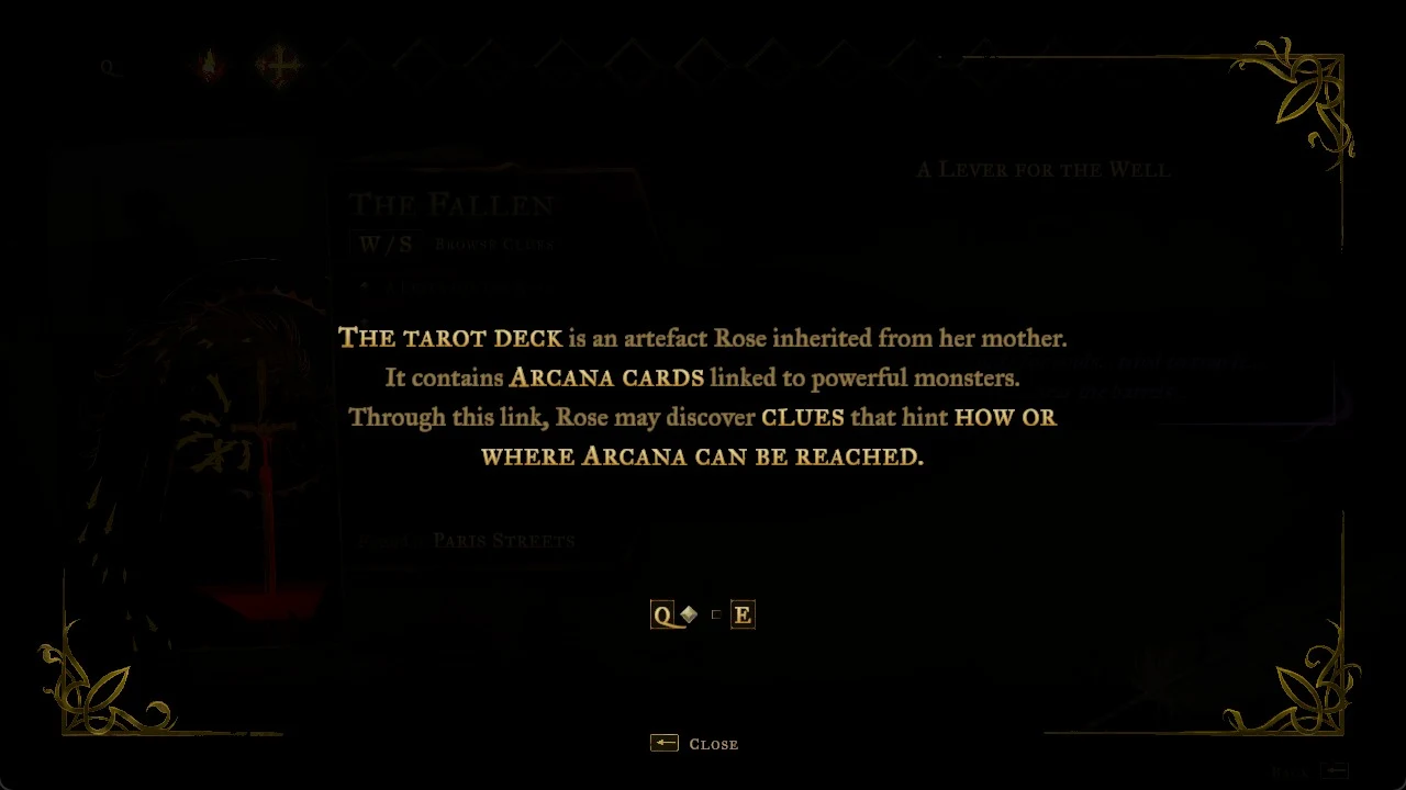 Dimmed tarot menu with a tutorial text box explaining the tarot deck, Arcana cards and clues, with Q and E page prompts.