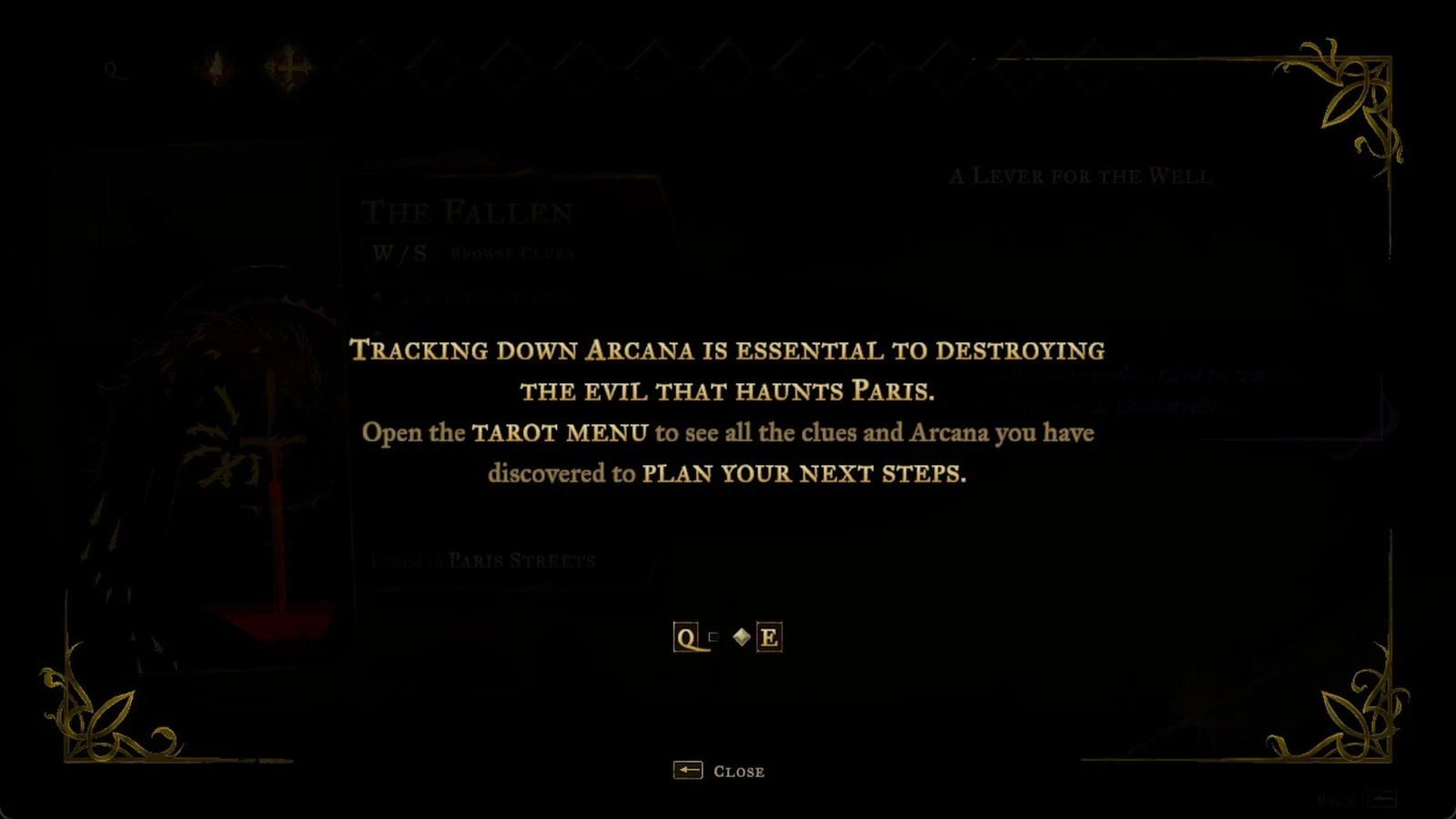 Dark tarot menu with a tutorial message about tracking Arcana to destroy the evil haunting Paris, with Q and E tab prompts.