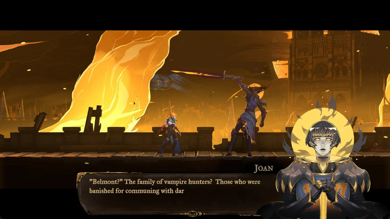 Heroine faces a dark armored knight raising a sword on a burning bridge; Joan's portrait and partial dialogue box shown.