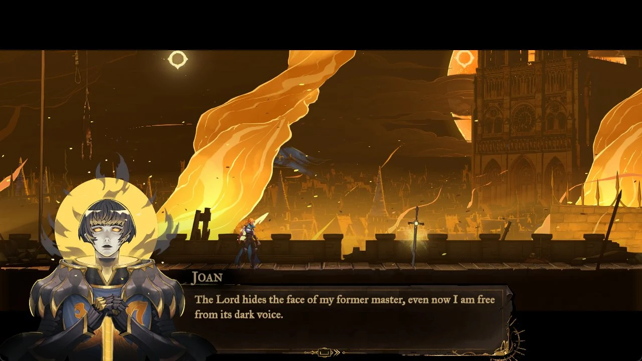Dialogue scene with Joan's portrait below a fiery city skyline and cathedral, a sword on a rampart and a small hero standing nearby.