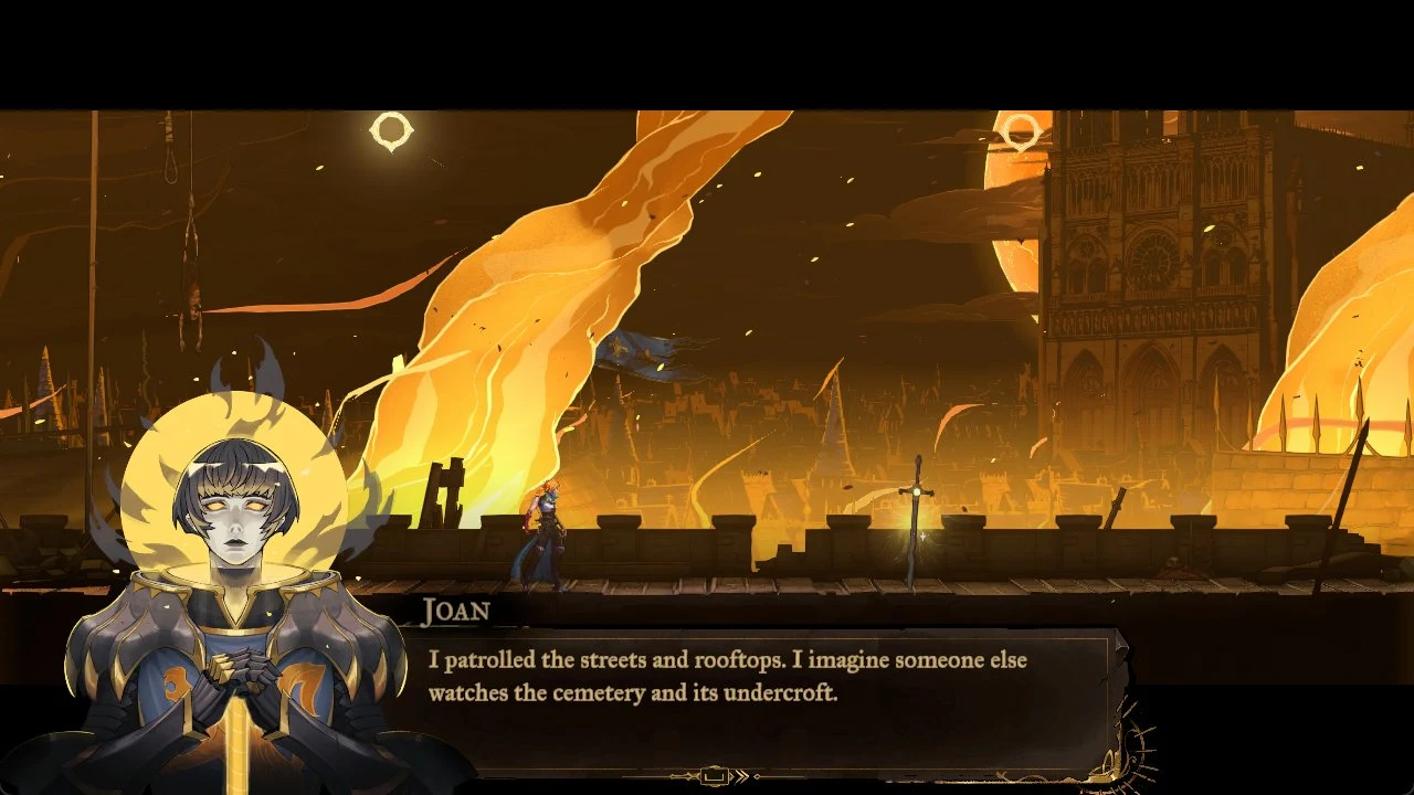 Dialogue scene with Joan's portrait below a fiery, ruined city and cathedral, a sword planted on a rampart and a small hero standing nearby.