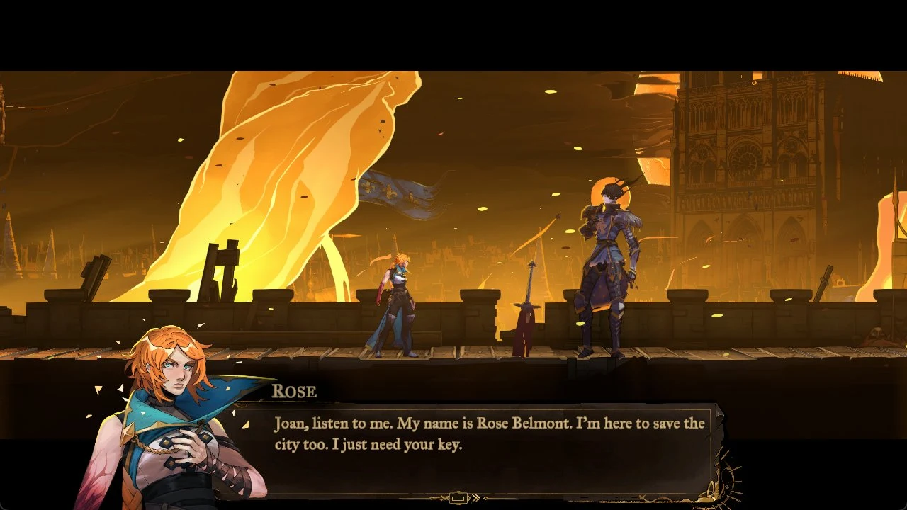 Rose speaks in a dialogue box while Joan stands in armor on a rampart beside a planted sword, with fire and a cathedral behind.