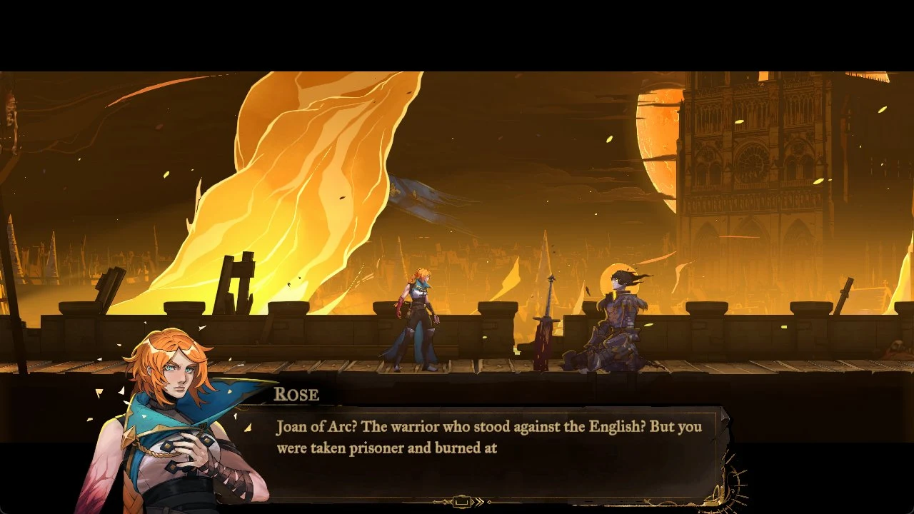 Rose stands on a stone rampart facing a kneeling armored Joan before a burning cathedral, with Rose's dialogue box below.