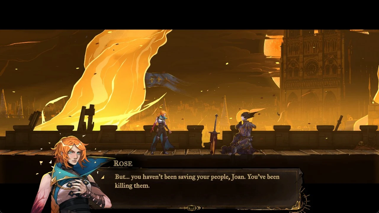 Orange-haired Rose speaks in a dialogue box while Joan kneels on a rampart before a burning cathedral and giant flames.