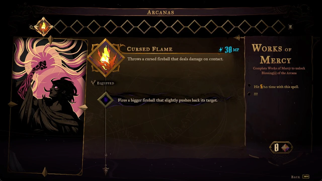 Arcanas menu for Cursed Flame with a fire spell card, an upgrade description, and a Works of Mercy task list on the right.