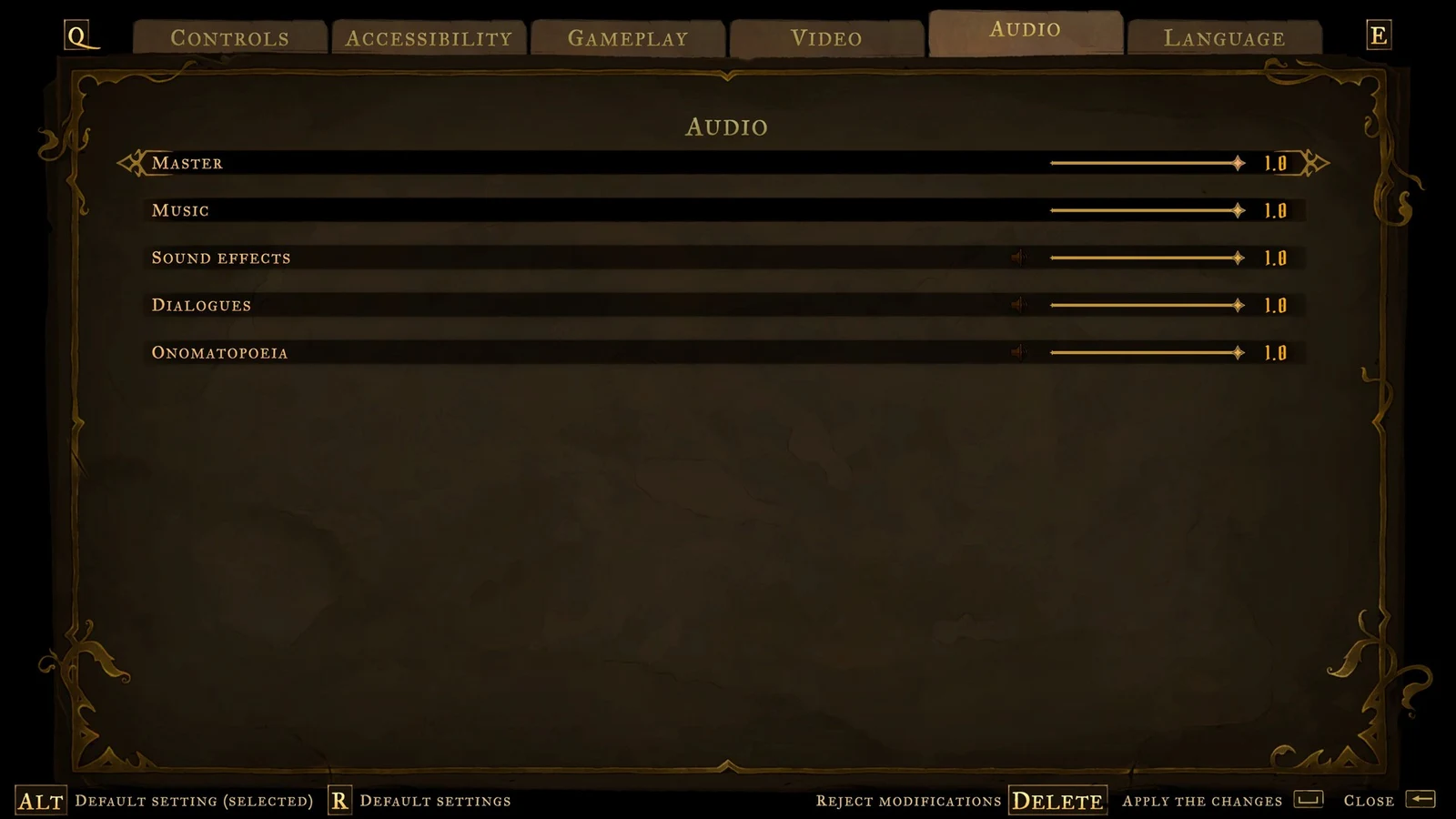 Settings menu Audio tab with five volume sliders for master, music, sound effects, dialogues and onomatopoeia, all set to 1.0.