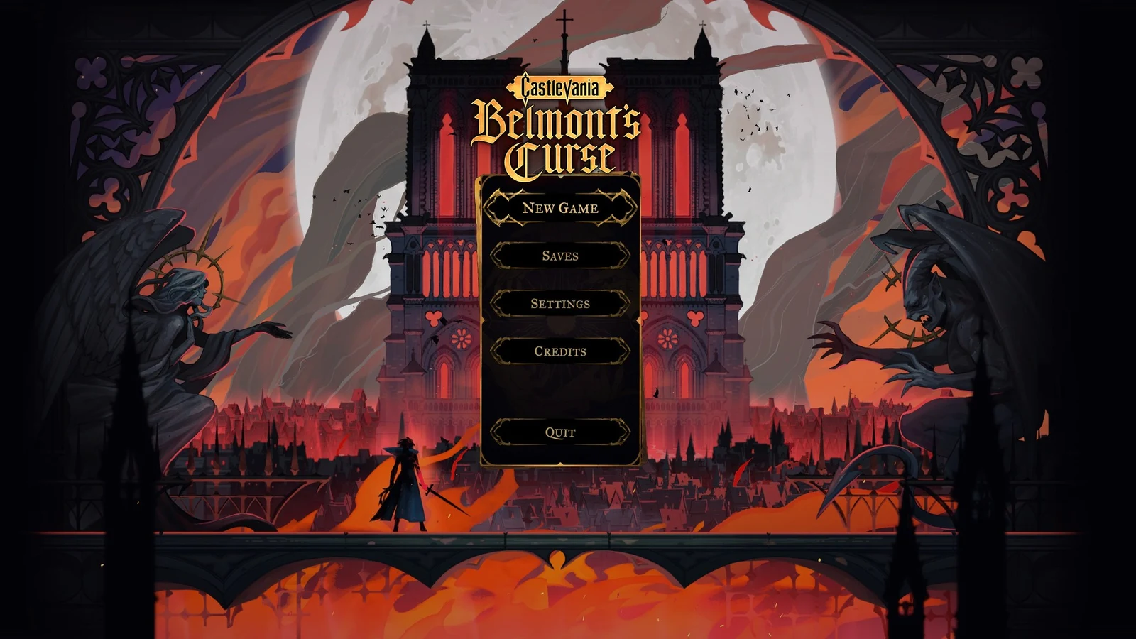 Main menu with gothic cathedral, moon, gargoyle statues and a lone swordsman on a bridge, with New Game, Saves, Settings, Credits, Quit.