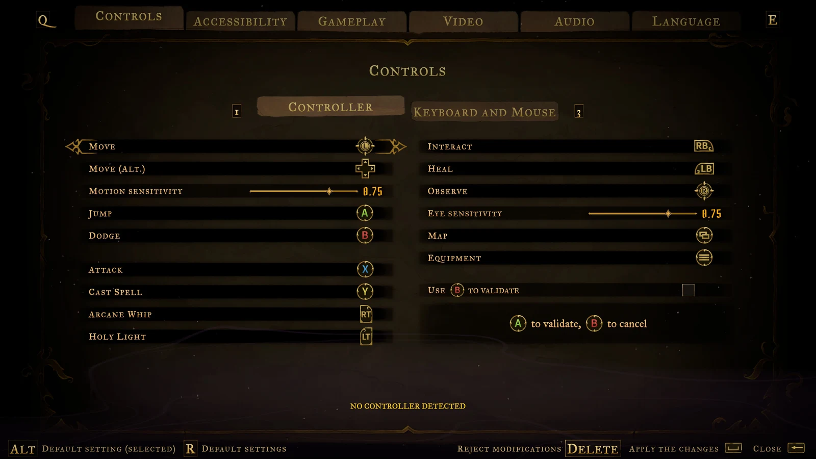 Settings menu on the Controls tab showing controller button bindings and sensitivity sliders for actions like Jump, Attack and Heal.
