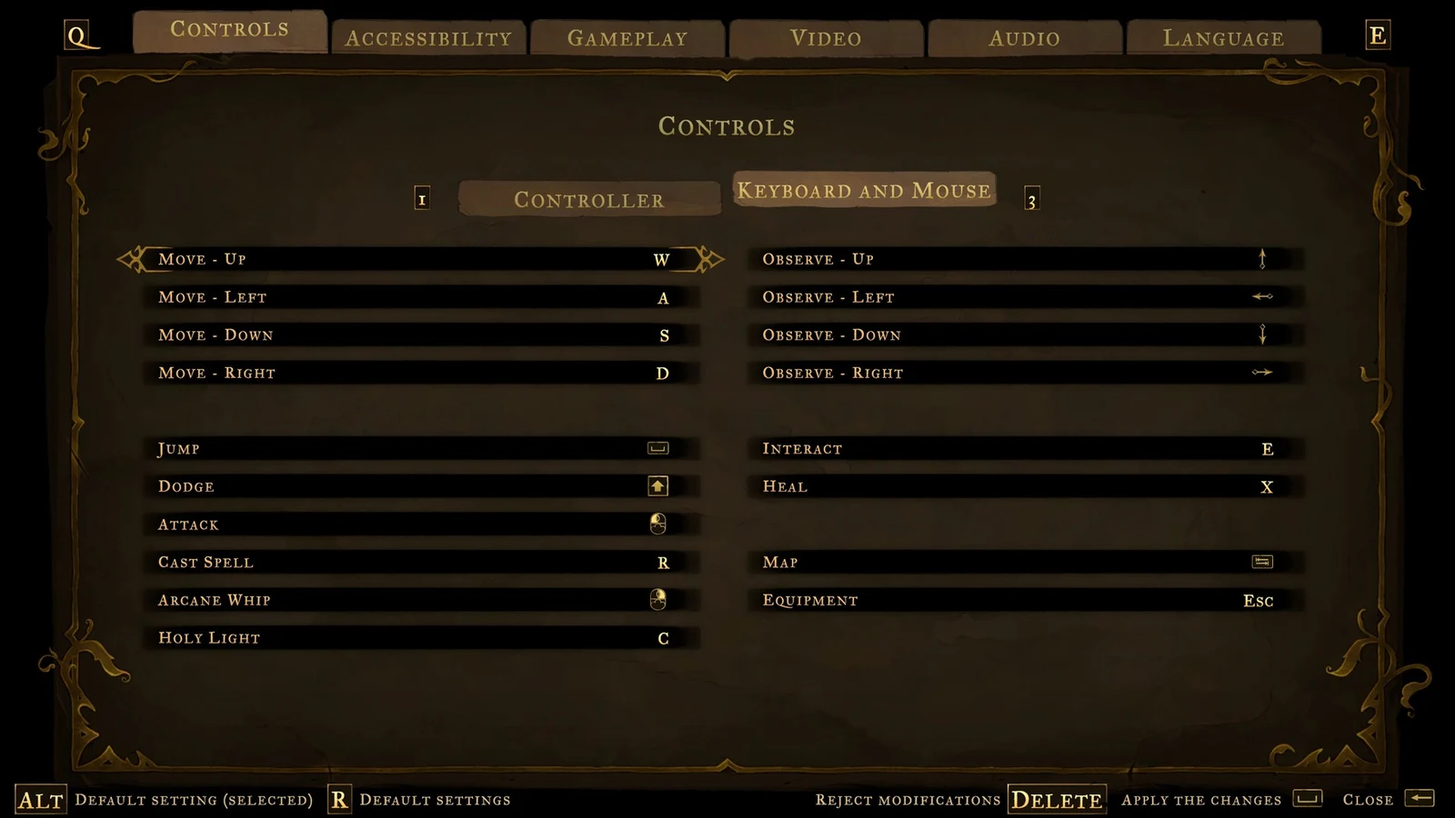 Controls settings menu with Keyboard and Mouse tab selected, listing key bindings for movement, combat actions, interaction and map.
