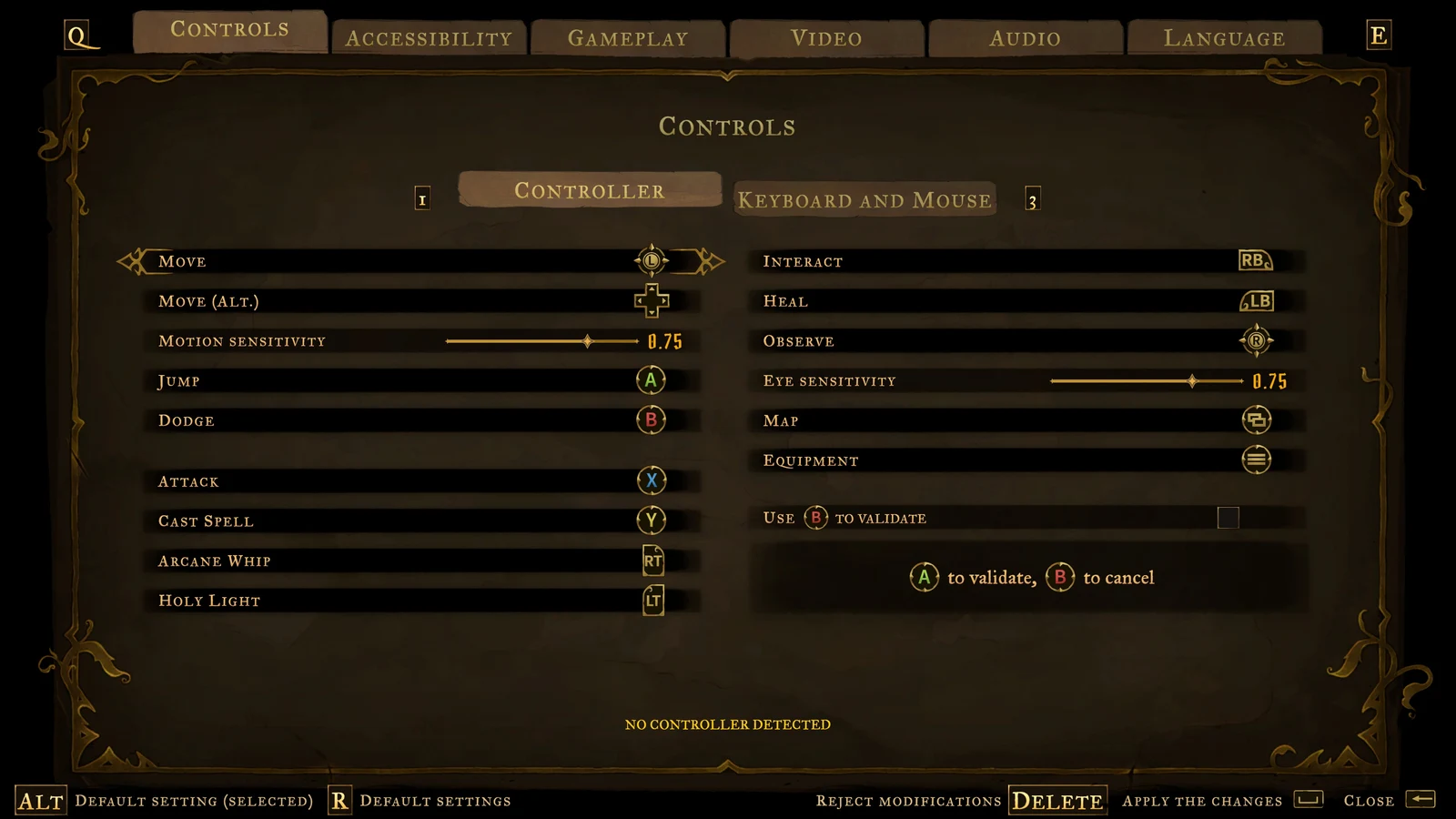 Settings screen on Controls tab showing controller bindings for movement, jump, dodge, attack, spells, interact, heal, map and equipment.
