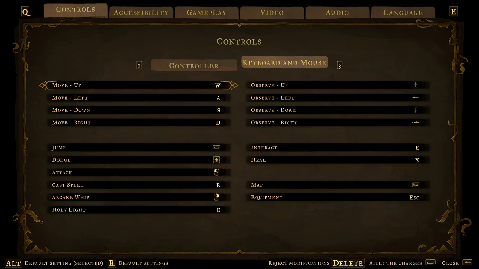 Controls settings menu listing keyboard and mouse bindings for movement, combat, spells and interaction in an ornate gold-trimmed frame.
