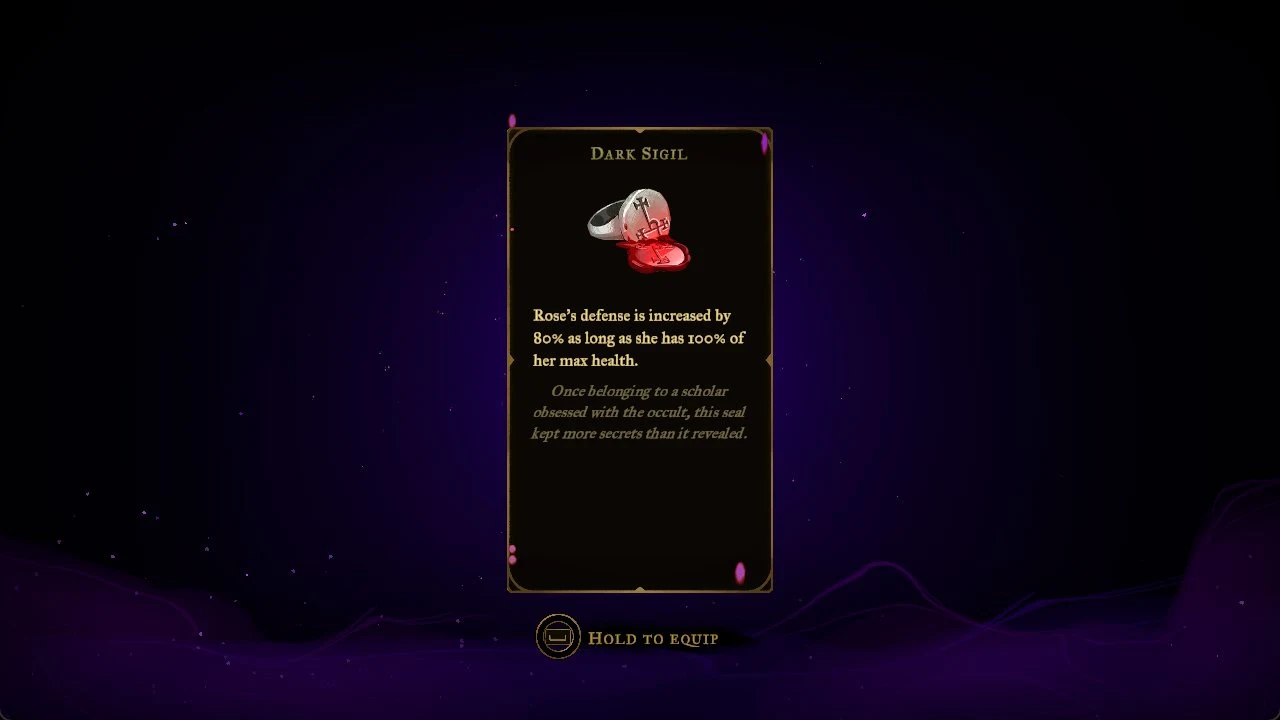 Dark Sigil item card with a silver ring and red wax seal, description text and Hold to equip prompt on a dark purple background.