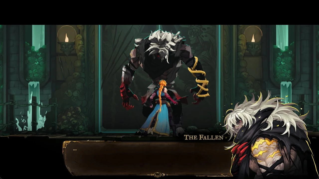 Large pale-haired monster looms over an orange-braided heroine in a blue dress, with a dialogue box labeled The Fallen.
