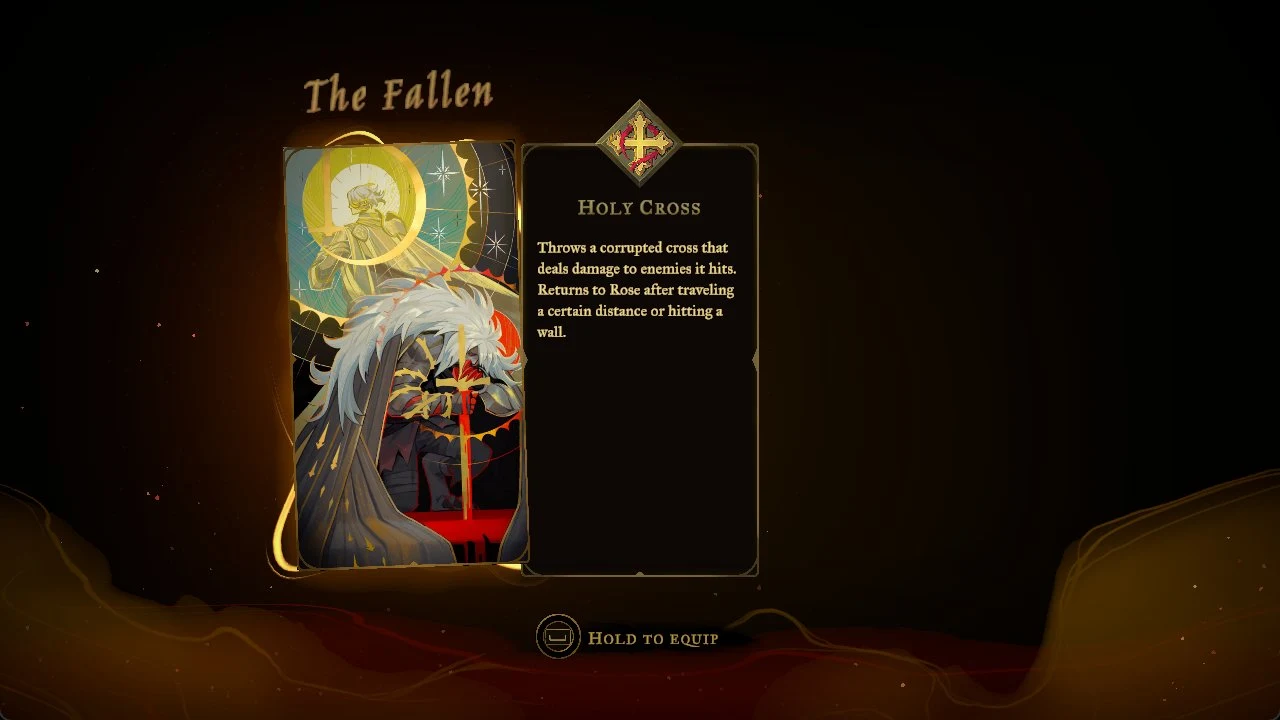 Tarot-style card titled The Fallen beside a description panel for the Holy Cross spell, with a hold to equip prompt.