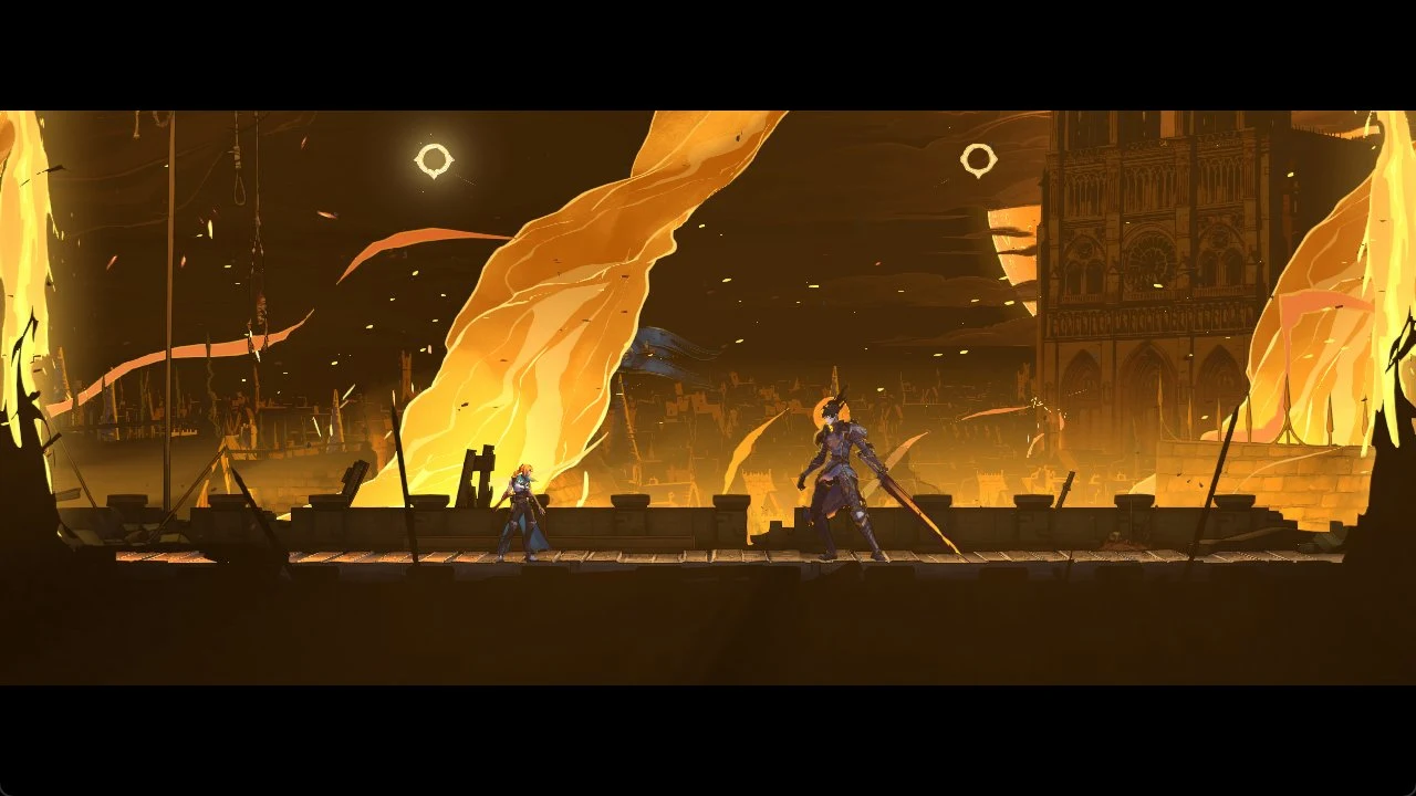 Small heroine and tall armored knight stand on a wooden bridge beneath giant flames and a gothic cathedral.
