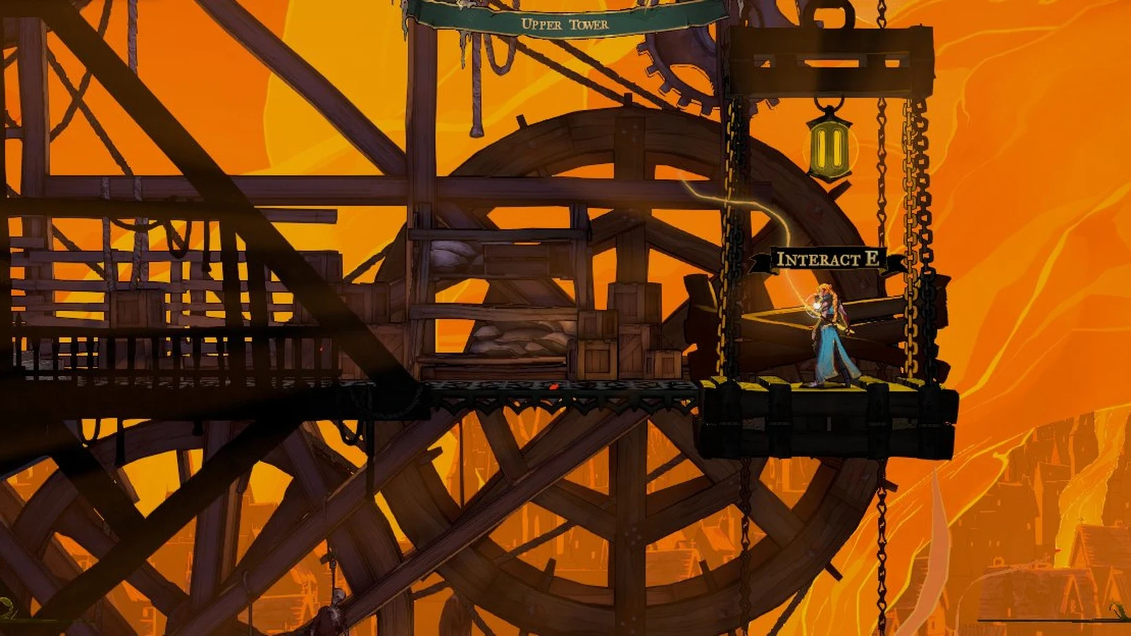 Heroine on a chained wooden lift platform before a giant waterwheel in a burning orange sky, with an Interact E prompt.