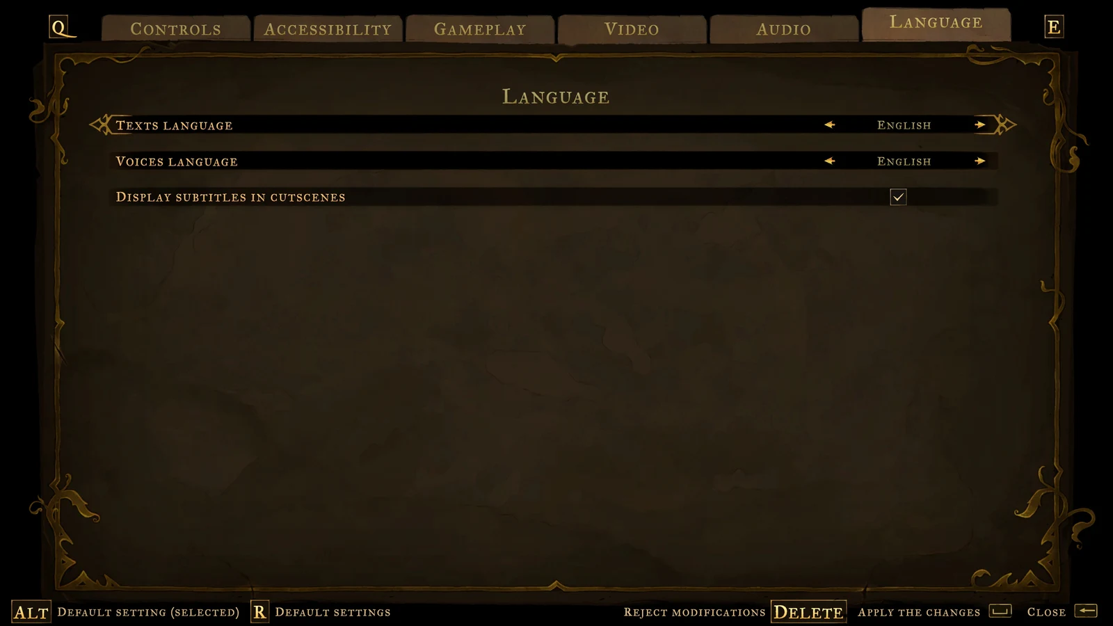 Language settings menu showing text and voice language set to English and a checked subtitles option.