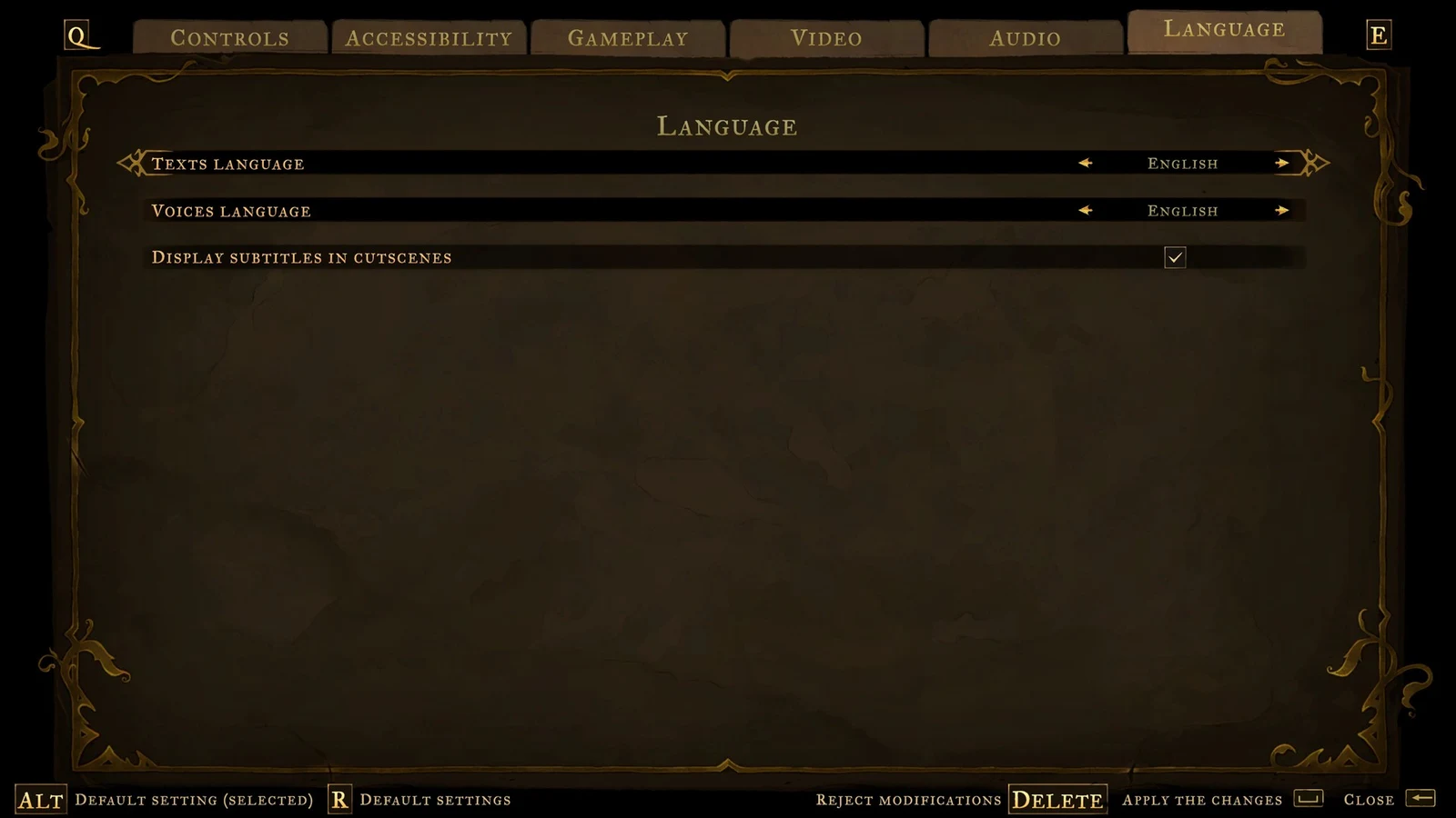 Settings menu Language tab with text and voice language set to English and a checked subtitles option.