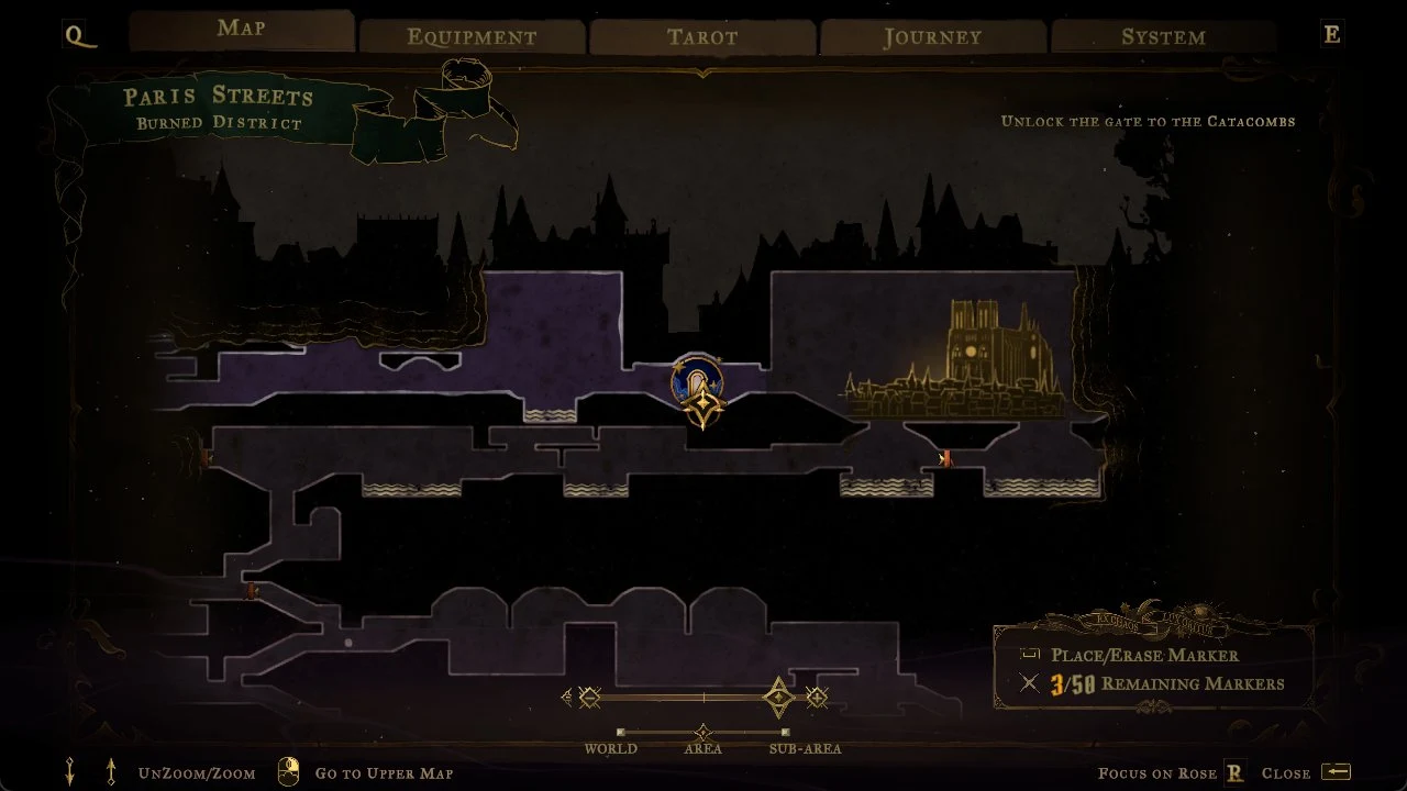 Dark map screen of Paris Streets Burned District with purple explored rooms, a golden cathedral silhouette, player marker and marker counter.