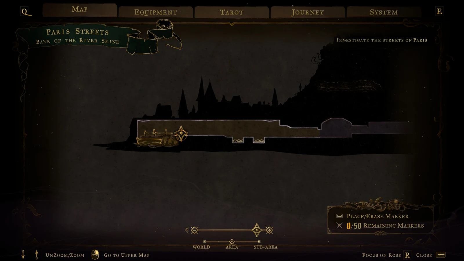 Dark map screen of Paris Streets, Bank of the River Seine, with a silhouetted skyline, a boat and a gold marker.