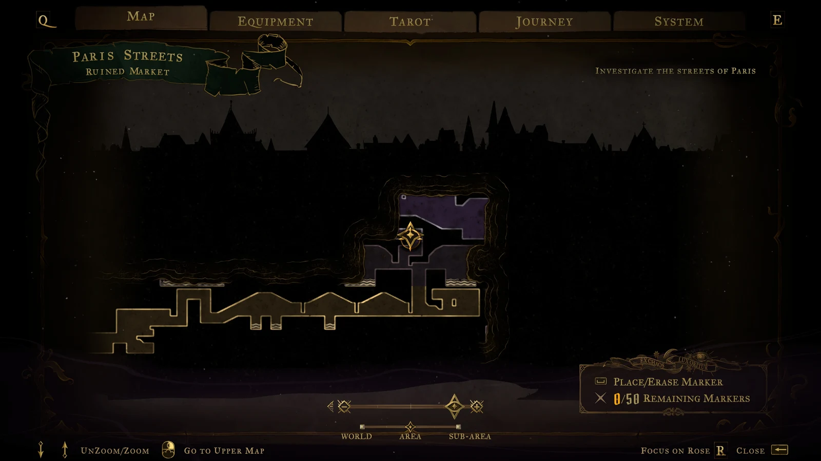 Dark gothic map screen of Paris Streets, Ruined Market, with explored rooms outlined and a gold player marker.