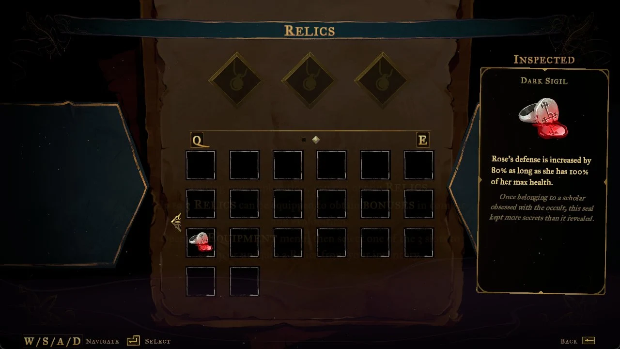 Relics menu with three empty relic slots, an inventory grid containing a red-sealed ring, and an inspection panel for Dark Sigil.