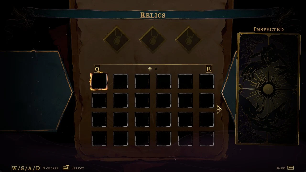 Relics menu with three empty diamond slots, a 6 by 4 empty grid, and an Inspected card panel on the right.