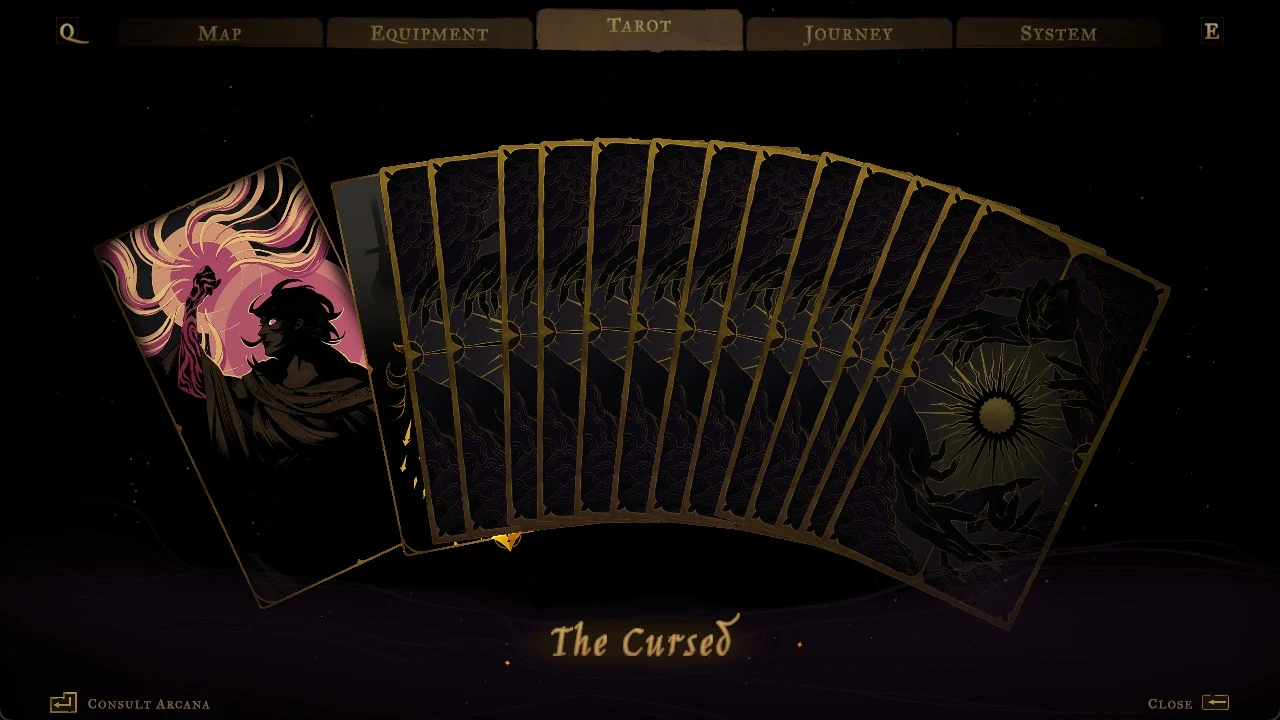 Tarot menu with a fan of face-down cards and a pink-haloed figure card highlighted, labelled The Cursed.