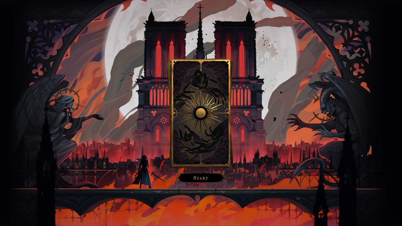 Title screen with a golden tarot card and Start button in front of a gothic cathedral, a swordsman and gargoyle statues.