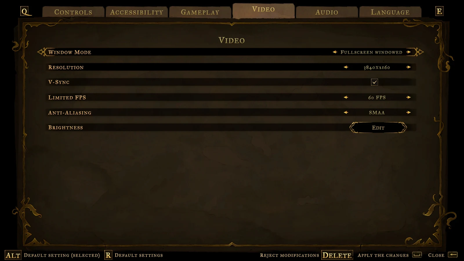 Video settings menu showing window mode, resolution, V-Sync checkbox, FPS limit, anti-aliasing and a brightness edit button.