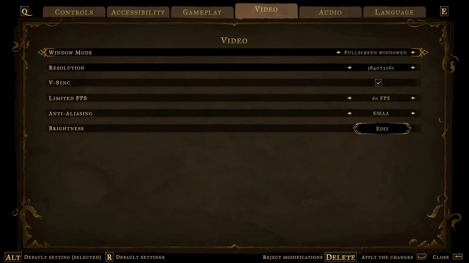 Settings menu Video tab showing window mode, resolution, V-Sync, FPS limit, anti-aliasing and brightness controls on a parchment-style panel.