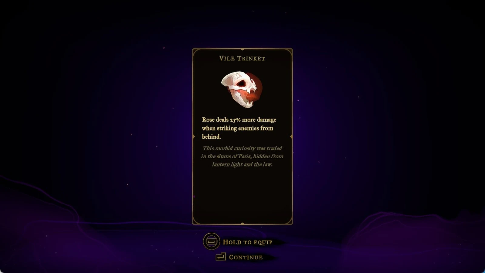 Item card for the Vile Trinket showing a skull icon, its damage bonus description, and Hold to Equip and Continue prompts.
