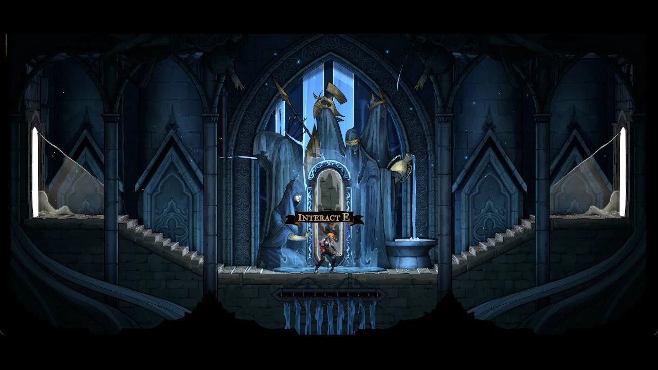 The Interact E prompt over a central doorway in a dark gothic chamber flanked by water and statues