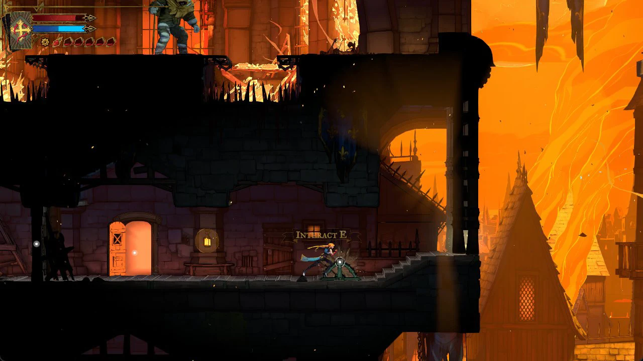 Rose at a glowing green lever showing the INTERACT E prompt in a castle corridor