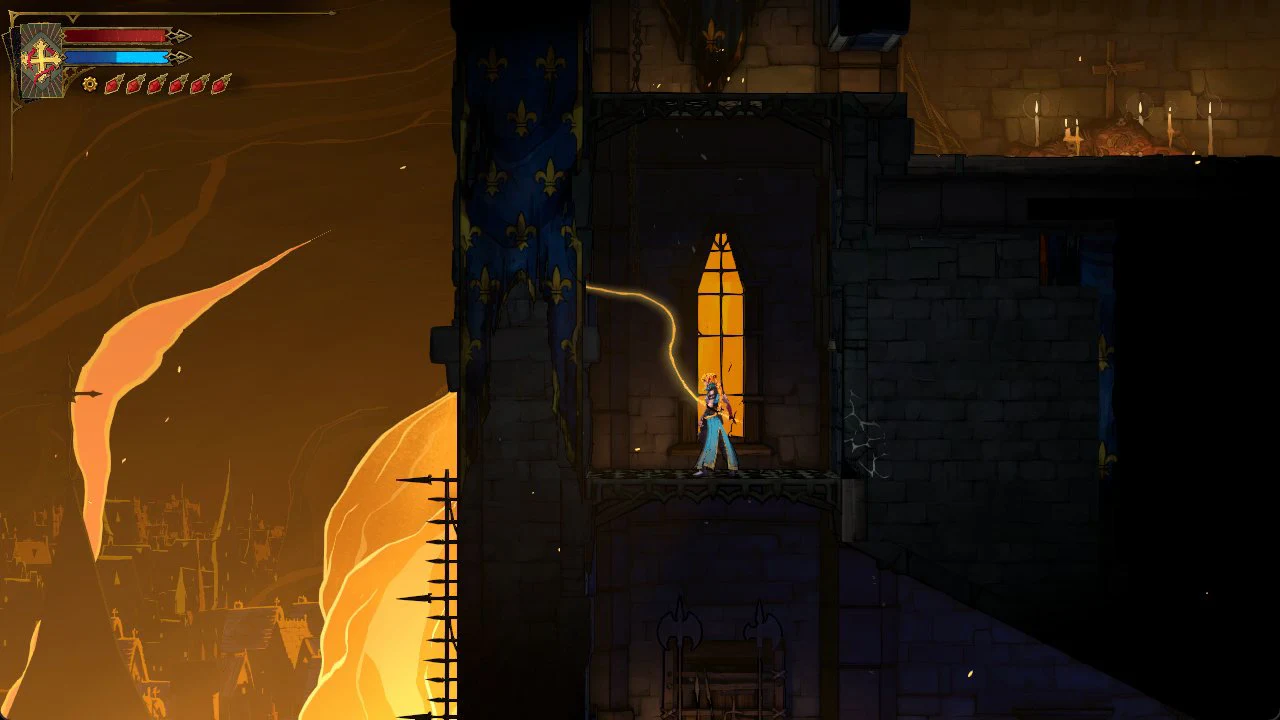 Rose on a narrow castle ledge beside a lit arched window on the Roof of the Tower
