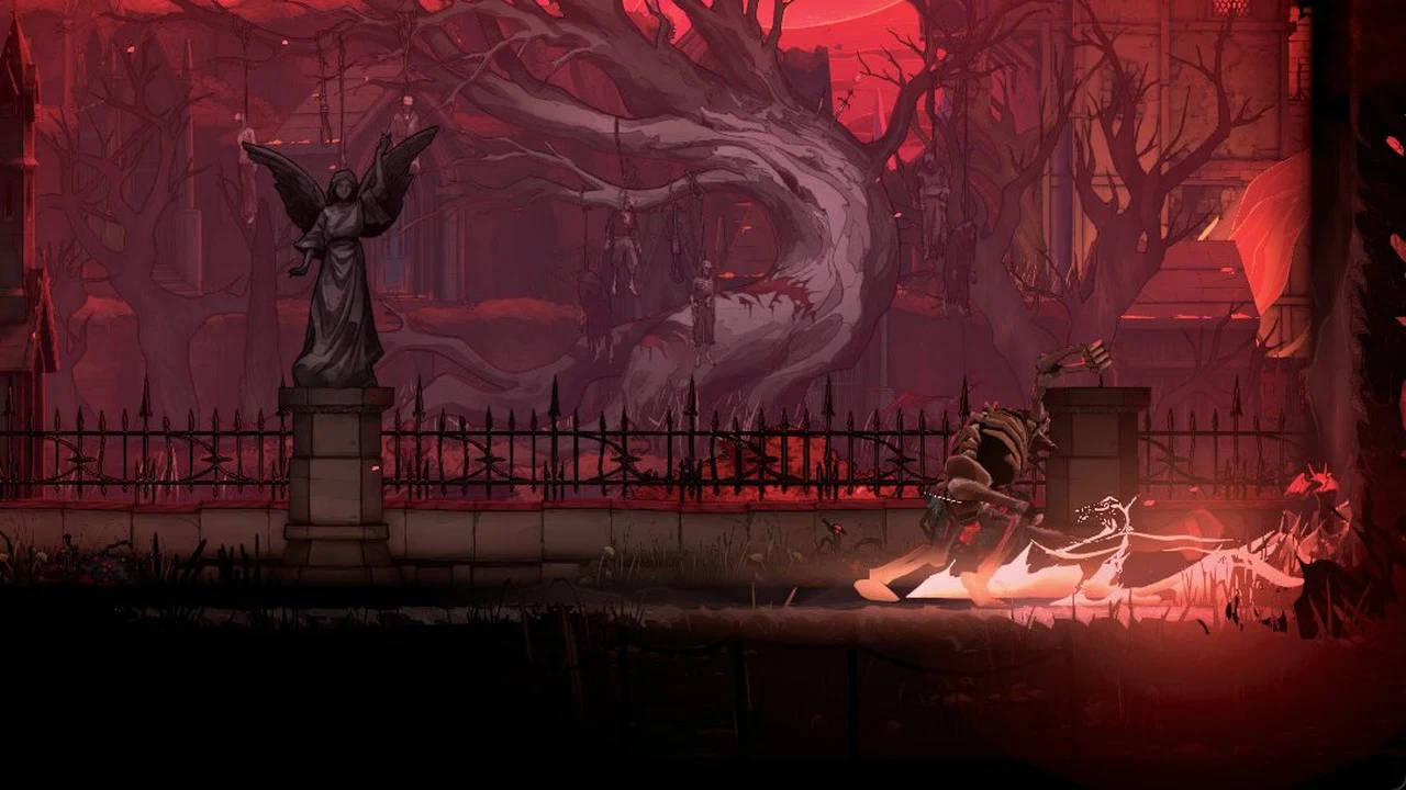 Rose dashes with a white-and-red afterimage as the skeletal beast rears up to swing its bone