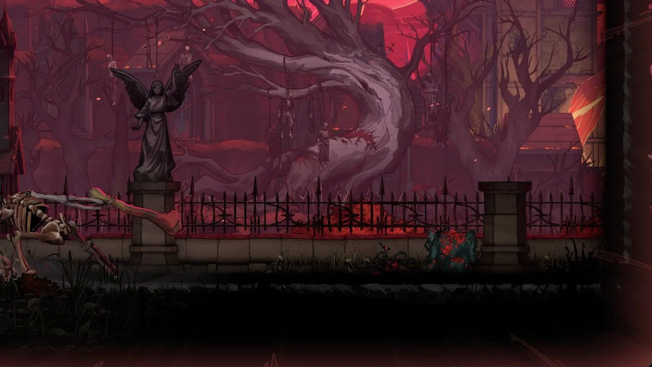 The skeletal beast bounds rapidly to the left past the stone angel pedestal
