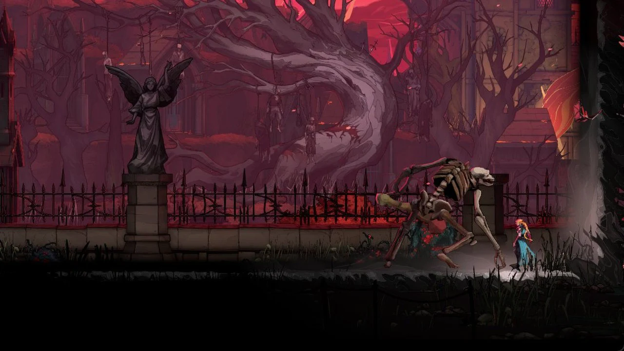 Rose faces the giant skeletal beast at the end of the red-lit Street of the Tomb Masons