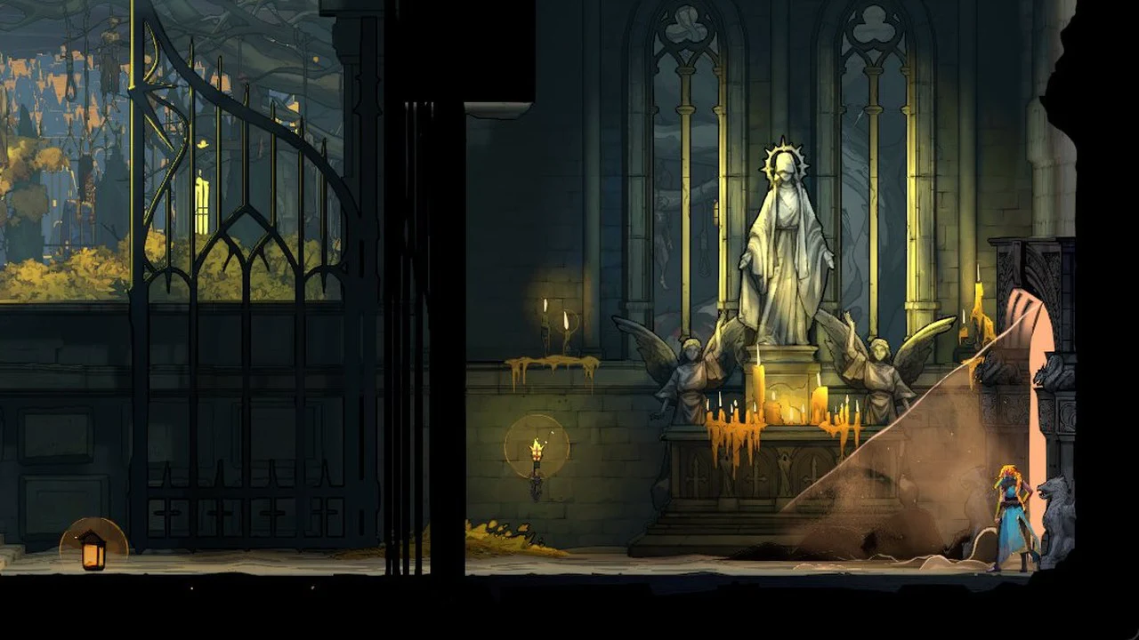 Rose stands beside the altar in the Cemetery Entrance chapel as a beam of light crosses the room