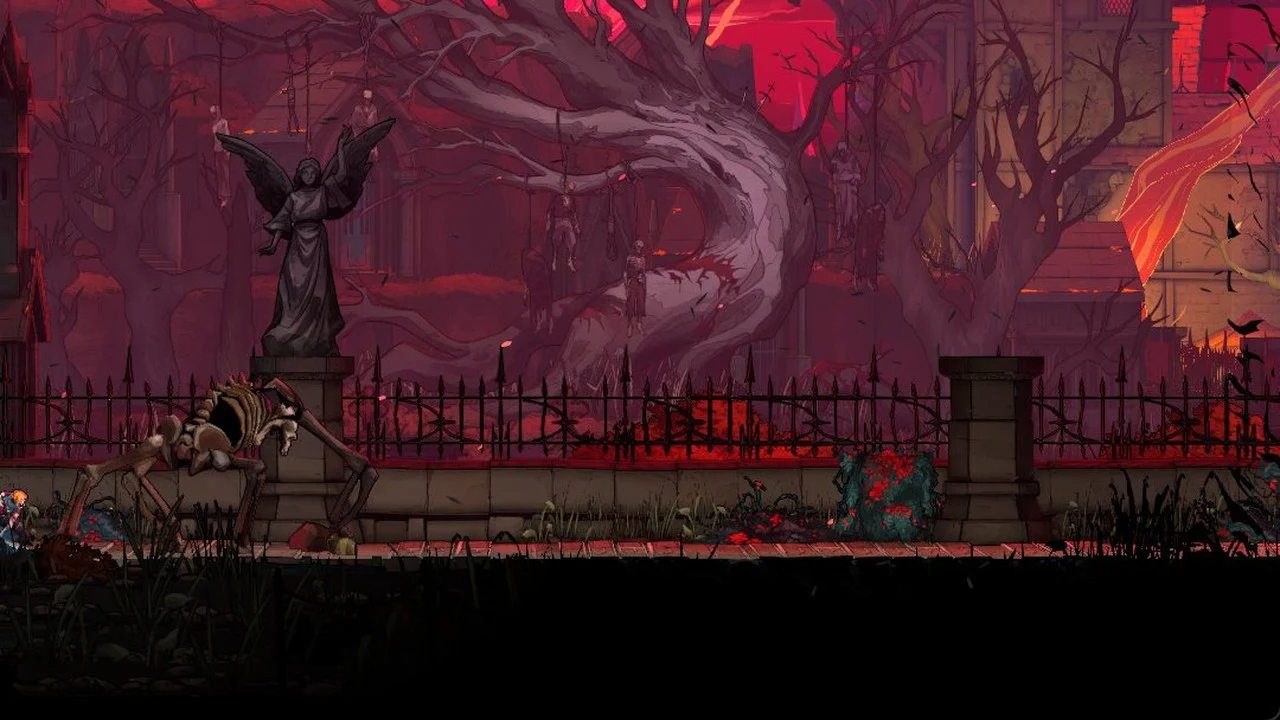The beast lands and stalks toward the far left while Rose retreats off the left edge