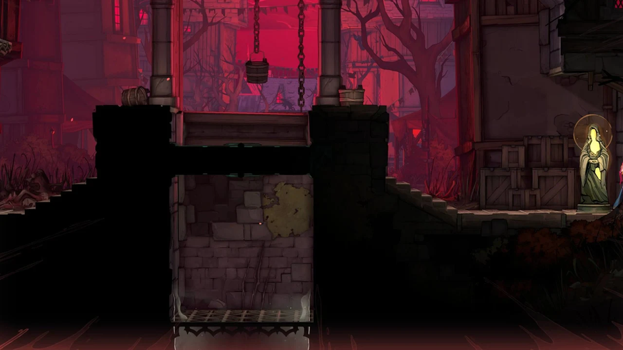 A golden XP statue beside crates on a stone platform, before Rose breaks it