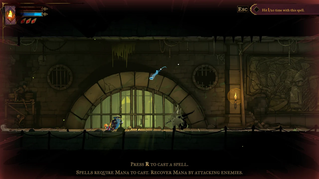 Sewer combat with the spell tutorial prompt to press R and a Hit 1/20 counter on screen