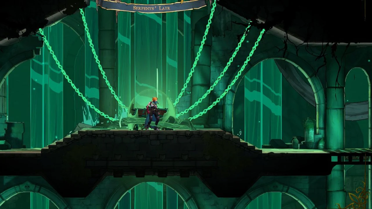 Rose standing on a central stone platform in the green-lit Serpents' Lair after falling through the fountain