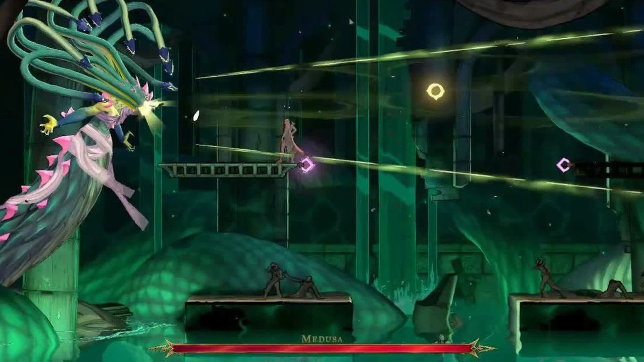 Medusa firing a green-yellow beam across the arena as Rose stands on a raised platform