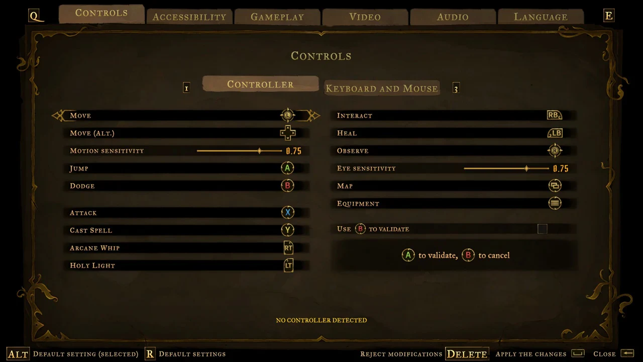 The Controller tab in the Controls menu with the Move binding row highlighted