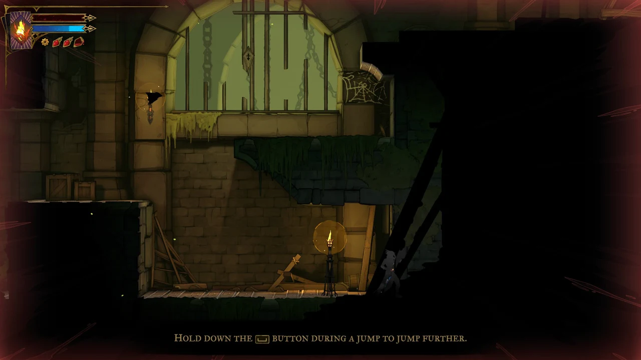 A platforming section with the prompt to hold the Spacebar during a jump to jump further