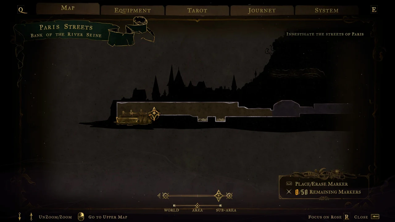 The Map screen for the Bank of the River Seine with a gold diamond marker at the riverside boat