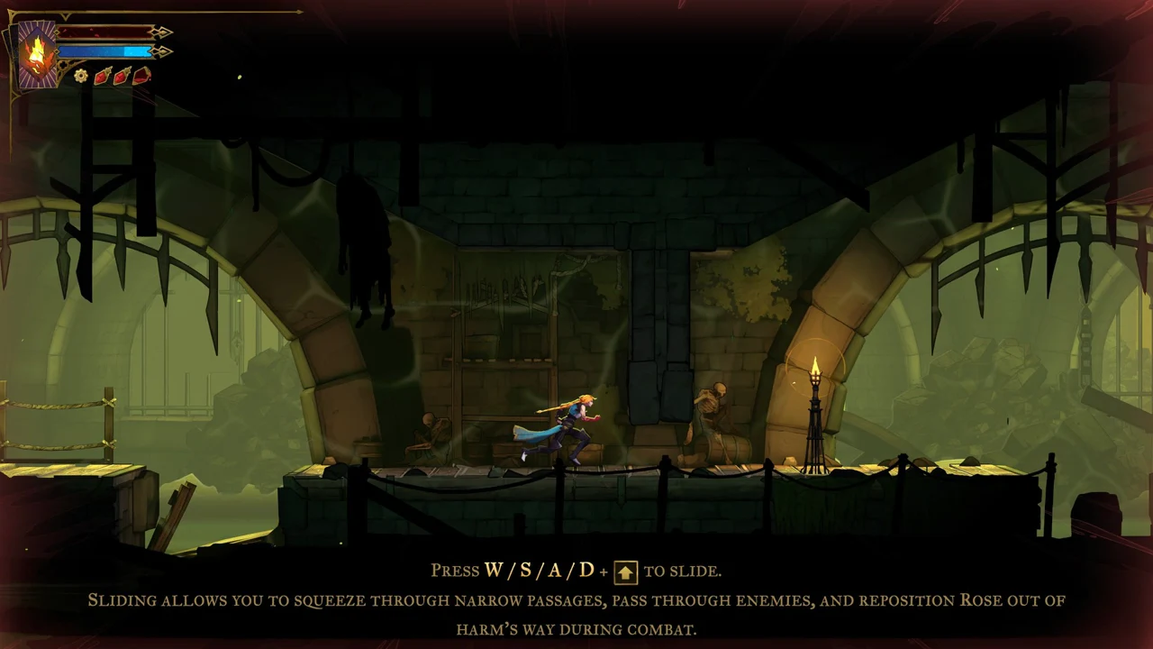 The slide tutorial prompt telling you to hold a direction with the dodge key to slide through gaps