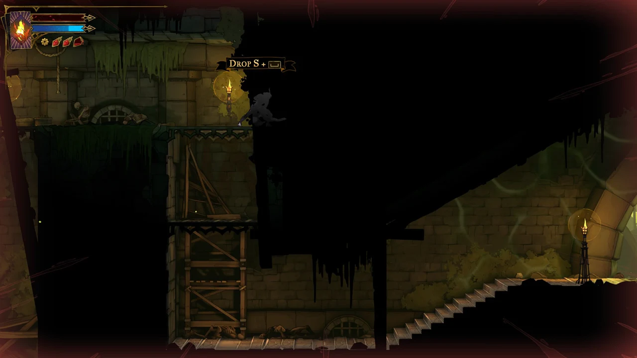 The drop prompt showing S plus the jump button to fall through a wooden platform